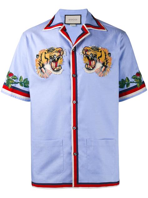 gucci blue tiger button up shirt|Gucci tiger collar shirt.